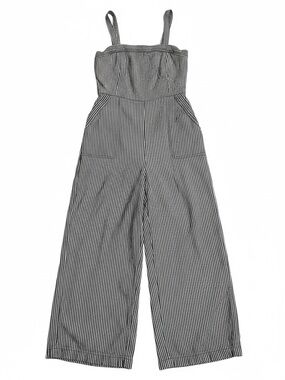 Linen Blend Blue & White Striped Wide-Leg High Waist Square Neck Jumpsuit Pocket